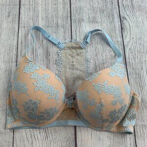 Victoria's Secret Pink 36D Racerback Push-up Bra Blue Floral Lace Front Close